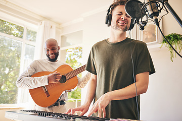 Image showing Piano, microphone and friends singing with guitar in home studio together. Electric keyboard, acoustic instrument or recording for collaboration, creative music production and headphones of happy men