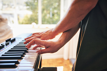 Image showing Hands, man and piano keyboard for talent, skills and creativity of band in home studio. Closeup, musician and fingers playing electrical instrument in audio performance, sound artist or entertainment