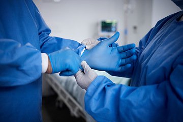 Image showing Surgery, hands or surgeons with gloves for operation procedure or healthcare crisis in hospital. Prepare, medical team tools or closeup of doctors helping in operating room in clinic with protection