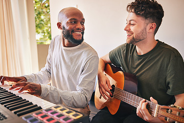 Image showing Friends, band and smile with piano, guitar and song production in home studio together. Happy men, musicians and collaboration with keyboard, acoustic instrument and creative talent for performance