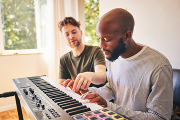 Image showing Music, piano and teacher with black man, learning or practice together in home. Electric keyboard, playing and people training for creative production of sound, audio and coaching instructor in house