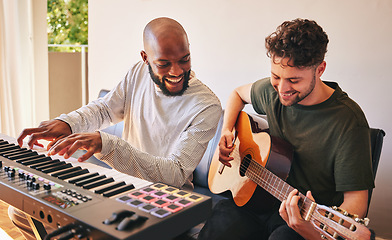 Image showing Friends, men and piano with guitar for happy song production in home studio together. Band, sound musicians and collaboration with keyboard, acoustic instrument and creative talent for performance