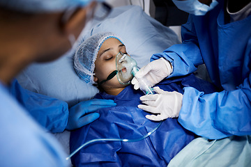 Image showing Doctor, hospital bed or sick woman with an oxygen mask, respiratory or operation for healthcare recovery. Medical surgeon, anesthesia or patient with breathing equipment for ventilation in emergency