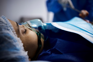 Image showing Doctor, sleeping or sick woman with an oxygen mask or respiratory for healthcare recovery in hospital bed. Medical surgeon, anesthesia or patient with breathing equipment for ventilation in emergency