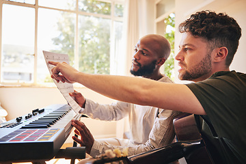 Image showing Music notes, piano and friends with guitar in home together to practice reading. Electric keyboard, acoustic instrument and musician team, creative men and artists with paper for production of sound.