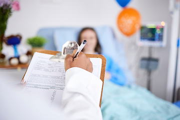 Image showing Doctor, patient and writing on clipboard in a hospital with a sick woman in bed for a report. Healthcare, medical staff and insurance with information, questions or screening consultation for person