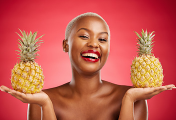 Image showing Beauty, pineapple and portrait of a woman in studio for healthy food, diet or fruit. Black person with makeup on red background for face glow, natural cosmetics and tropical skin care or wellness