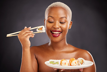 Image showing Sushi, happy woman and food with salmon, rice and chopsticks for eating a platter of fish, seafood or luxury menu. Healthy lunch or dinner with sashimi and wasabi on plate from Asian restaurant