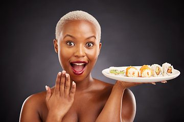 Image showing Surprise, sushi and portrait of woman with salmon, rice and excited for eating a platter of fish, seafood or luxury food. Healthy menu, lunch or plate of dinner with sashimi from Asian restaurant