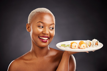 Image showing Happy, black woman and plate of sushi with salmon, rice and vegetables for eating a platter of fish, seafood or luxury. Healthy menu, diet or lunch and dinner of sashimi from Asian restaurant