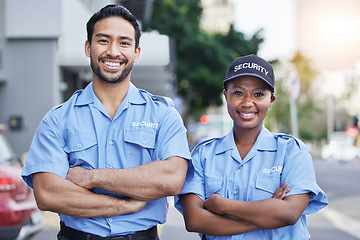 Image showing Woman, man and security guard portrait in city, arms crossed and happy for support, safety and teamwork. Protection agent, smile and face with partnership, solidarity or pride for job in metro street