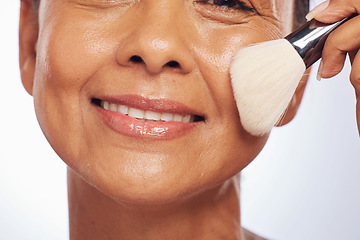 Image showing Brush, portrait or happy woman in studio for cosmetics powder, beauty or facial grooming treatment. White background, smile or face of female model applying foundation product in self care routine