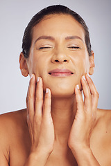 Image showing Cosmetics, dermatology and woman with skincare, makeup and grooming against a studio background. Female person, aesthetic and model with luxury treatment, natural beauty and self care with a glow