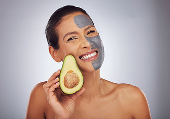 Image showing Woman, skincare with avocado and face mask with clay, charcoal or natural beauty product for wellness, detox or nutrition. Fruit, portrait of girl with healthy, green cosmetics or vegan facial care
