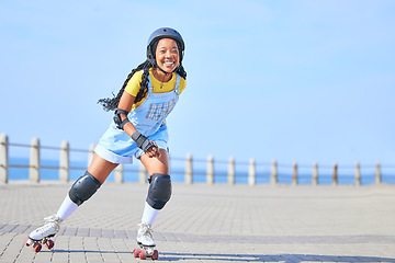 Image showing Skating, portrait and woman on promenade for learning, fun and weekend skate. Summer, smile and African person with mockup while on roller skates for a trendy activity, hobby and vacation in street