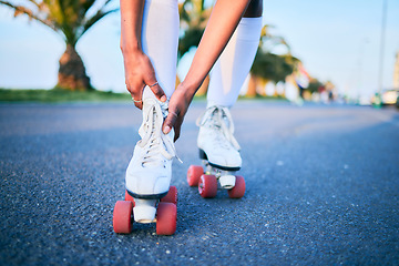 Image showing Leg injury, roller skates and hands on street for exercise accident, workout or training mockup. Skating, shoes of person and pain on road, arthritis or medical emergency, fibromyalgia and hurt ankle