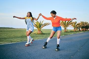 Image showing Roller skates, holding hands and friends on street for workout, exercise or training outdoor. Skating, happy people and girls together for sports on road to travel, journey and moving for fitness.