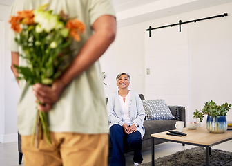 Image showing Flower bouquet, senior couple or surprise gift for Valentines Day, anniversary or marriage love, care and bond. Home, natural and back of old man with hidden floral present to celebrate Birthday wife