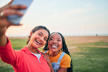 Image showing Selfie, happy and friends in nature for social media memory, update or together in summer. Smile, diversity and women taking a digital photo at a park for travel, vacation or relax on a holiday