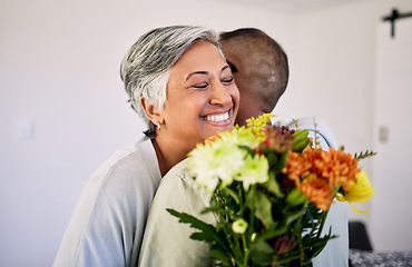 Image showing Flower bouquet, senior couple hug or gift for Valentines Day, anniversary or marriage love, care and support. Home bond, natural or elderly woman, man or excited people with floral retirement present