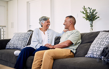 Image showing Love, communication or laughing senior couple bond, relax and enjoy quality time, talking or chat in apartment. Lounge, marriage comedy or elderly woman, man or people laugh at home retirement joke