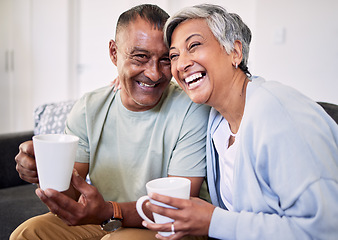 Image showing Love, coffee cup or senior couple laughing, talk and enjoy funny conversation, morning drink or home humour. Morning tea mug, comedy or portrait of elderly man, woman or people laugh at marriage joke