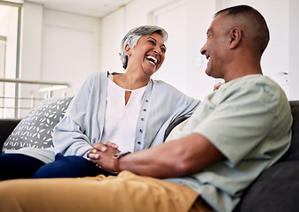 Image showing Trust, happiness and laughing elderly couple relax, talk and enjoy funny conversation, care or humour in Mexico home. Silly communication, comedy or senior woman, man or people laugh at marriage joke