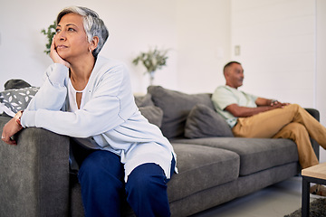 Image showing Woman, couple and divorce problem on sofa for drama, frustrated people and conflict at home. Sad lady thinking of argument, bad marriage and fight of breakup, crisis or ignore angry partner in lounge