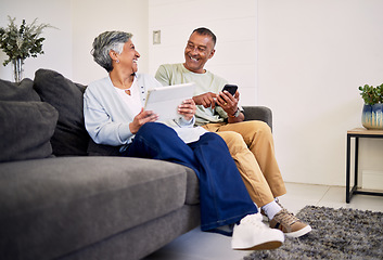 Image showing Phone, tablet or senior couple laughing at funny social network meme, conversation or comedy news video. Technology, communication or elderly people laugh at marriage relationship joke in Mexico home