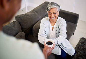 Image showing Love, coffee cup and happy senior couple bonding, relax and spending time together, smile and enjoy morning caffeine. Latte mug, home drink and elderly man, old woman or people with espresso beverage