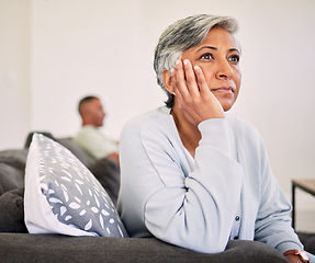 Image showing Sad woman, fight and problem of couple in divorce, depression and ignore conflict at home. Face of female person thinking of argument, bad marriage and emotions for breakup, stress or jealous partner