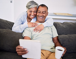 Image showing Video call, happy and senior couple with a tablet on a sofa while relaxing and bonding together. Smile, love and elderly man and woman in retirement on a virtual conversation with digital technology.