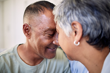 Image showing Closeup, forehead and senior couple with love, marriage and retirement with happiness, romance and care. Romantic, elderly woman and old man embrace, relationship and loving together with affection