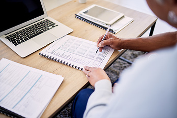 Image showing Couple, tax documents and hands with writing, financial review and planning for budget in home. People, laptop and paperwork for insurance, compliance or payment for bills, debt or savings at desk