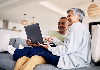 Image showing Mature couple, laptop and relax on sofa in living room, download media and choice of watching movie together. Happy man, woman and computer for streaming online video, web subscription and internet