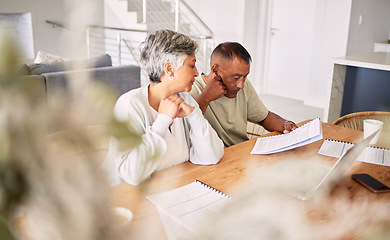 Image showing Senior, couple and planning budget, home bills or insurance with paperwork together for a mortgage. Serious, payment and an elderly man and woman with paper for a house loan or contract for banking