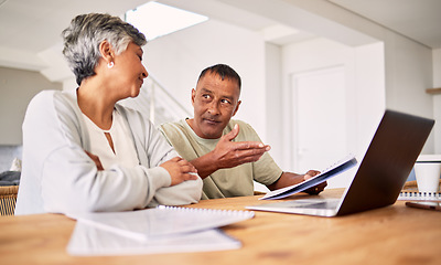 Image showing Senior couple, taxes and laptop with talk, documents and planning with financial review, teamwork and home. Mature man, woman and computer with paperwork for budget, audit and compliance in house