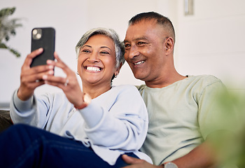 Image showing Love, selfie and happy senior couple bonding, relax and post memory picture, smile and enjoy retirement free time. Social media upload, home and elderly man, old woman or people pose for photo