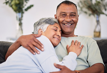 Image showing Home, hug and senior couple with love, relationship and retirement with affection, romantic and bonding. Romance, old woman or elderly man embrace, relationship or relax with care and loving together