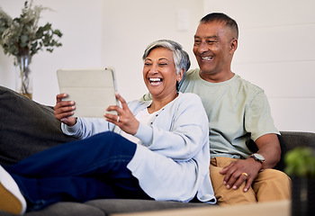 Image showing Love, tablet and senior couple laughing at funny social network meme, web comic or watch comedy podcast video. Comedy website, marriage and elderly people laugh at retirement joke in Mexico home