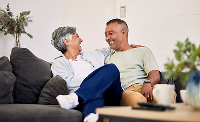 Image showing Love, smile or laughing senior couple bonding, relax and enjoy quality time together, funny conversation or chat. Lounge communication, marriage humour or elderly people laugh at home retirement joke