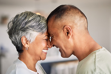 Image showing Home, forehead and senior couple with love, happiness and retirement with romance, affection and bonding. Romantic, old woman or elderly man embrace, relationship and loving together with affection