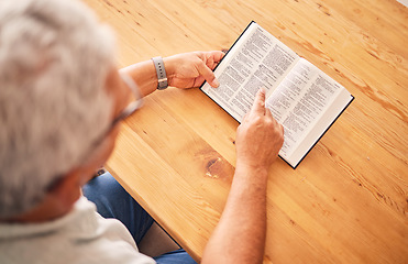 Image showing Above, reading book or old man with holy bible for worship, support or hope in Christianity faith in retirement. Jesus, God or senior person studying or learning gospel prayer in spiritual religion