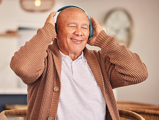 Image showing Happy, senior and a man with headphones for music, podcast or audio while in a home. Smile, relax and an elderly person with radio, streaming track or listening to a playlist on electronic gear