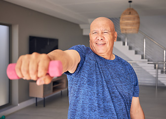 Image showing Dumbbell, hand or old man in home fitness workout for power, exercise or strong arms in retirement. Activity, gym or elderly person training or lifting weights for healthy body, wellness or mobility