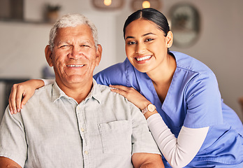 Image showing Happy woman, nurse and portrait of senior man with support, medical service and helping patient in retirement. Face of caregiver, elderly person and smile for trust, healthcare and nursing home