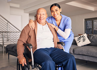 Image showing Portrait, nurse and man with disability in wheelchair for medical trust, wellness advice and support at home. Happy patient, caregiver and woman for healthcare, rehabilitation service and helping