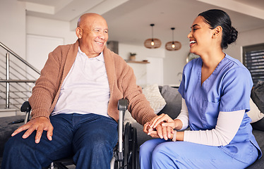 Image showing Happy nurse helping man in wheelchair with medical trust, therapy and support in retirement home. Patient with disability, caregiver and woman smile with empathy for rehabilitation service in nursing