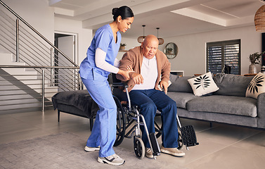 Image showing Nurse helping man in wheelchair, home and trust for medical service, physical therapy and support in retirement. Caregiver, woman and aid old patient with disability, rehabilitation and healthcare