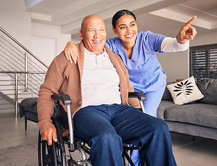 Image showing Old man, wheelchair or happy caregiver pointing or talking with healthcare support at nursing home. Smile, hope or positive nurse showing senior patient or elderly person with a disability for help
